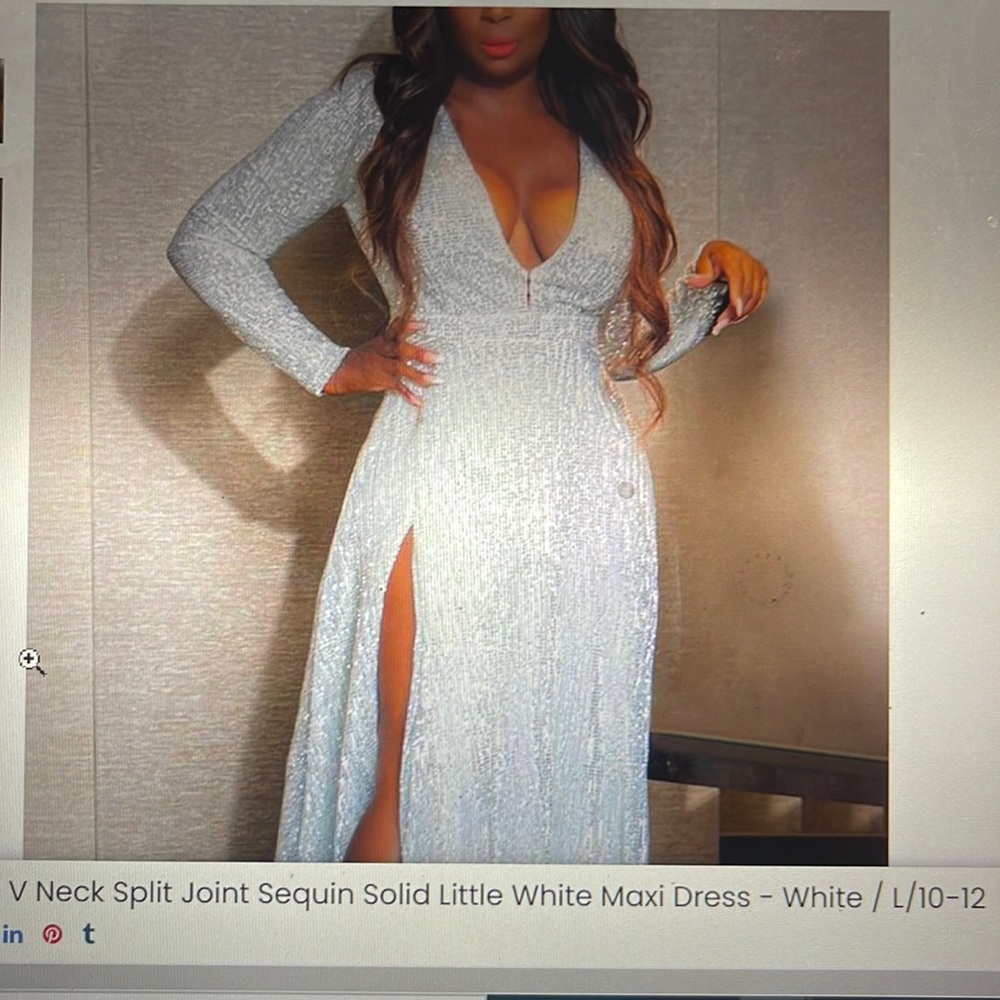 Plus Size V neck split Joint sequin solid little white maxi dress
